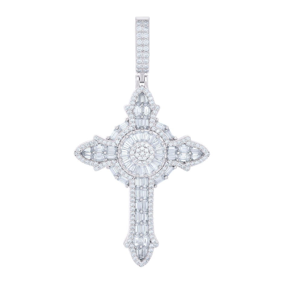 925 Sterling Silver Mens 0.97ct Round 3.26ct Baguette Moissanite Cross Religious Pendant 