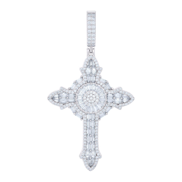 925 Sterling Silver Mens 0.97ct Round 3.26ct Baguette Moissanite Cross Religious Pendant 