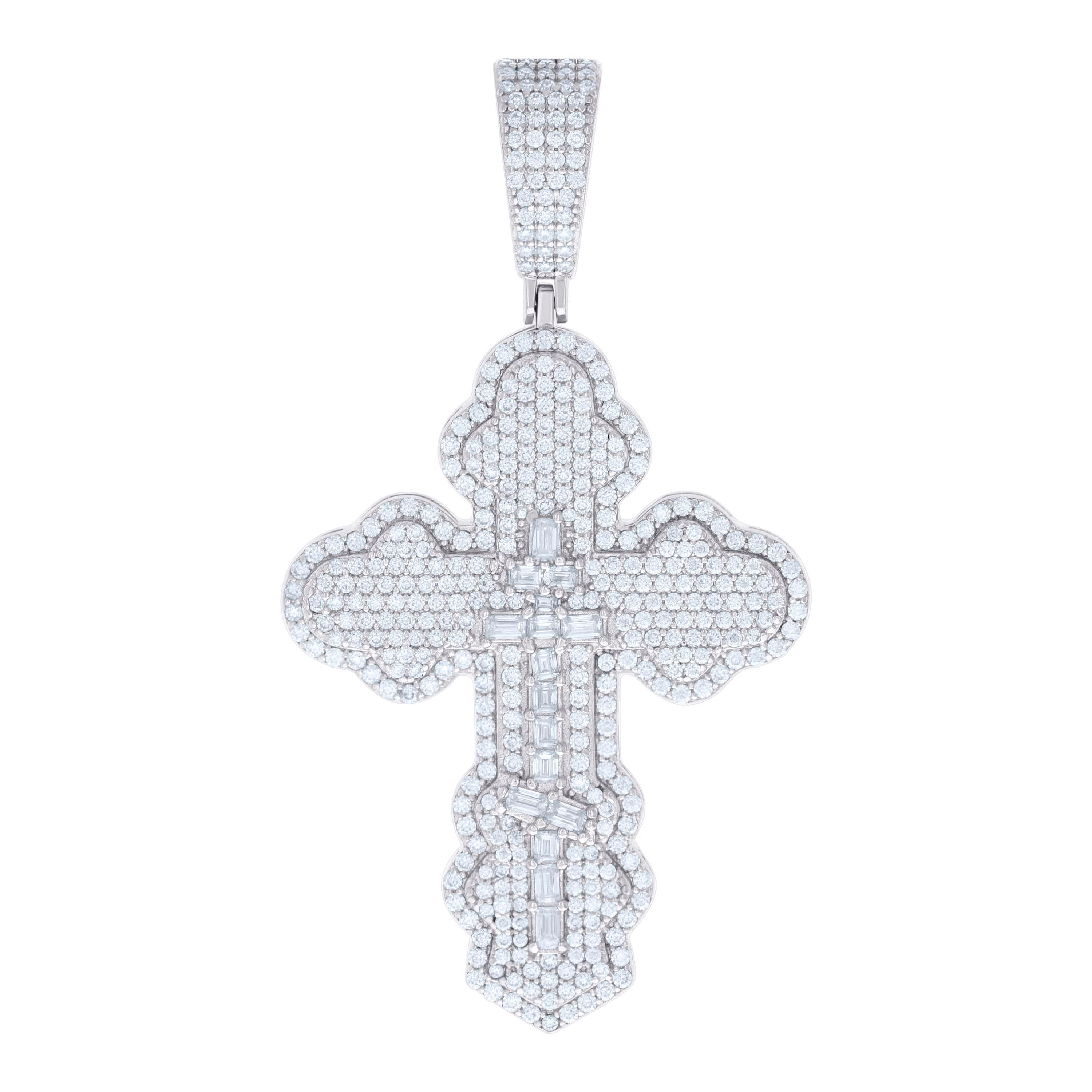 925 Sterling Silver Mens 2.54ct Round 0.74ct Baguette Moissanite Cross Religious Pendant 