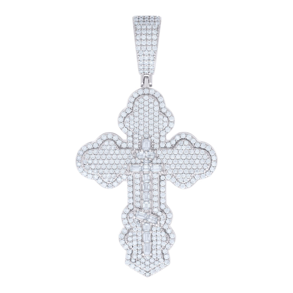 925 Sterling Silver Mens 2.54ct Round 0.74ct Baguette Moissanite Cross Religious Pendant 