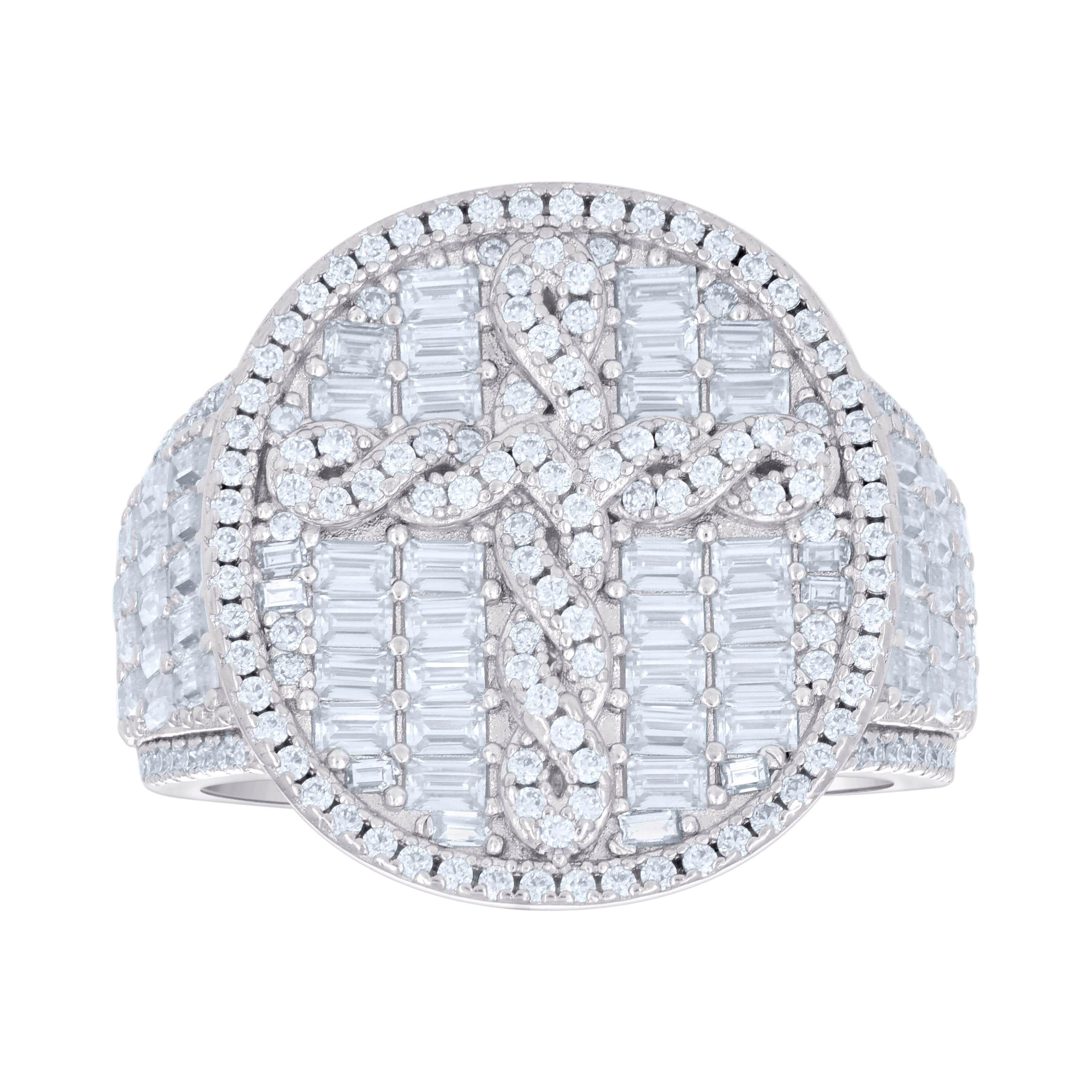 925 Sterling Silver Mens 0.76ct Round 2.9ct Baguette Moissanite Cross Religious Ring Size 10 - SLV-137045
