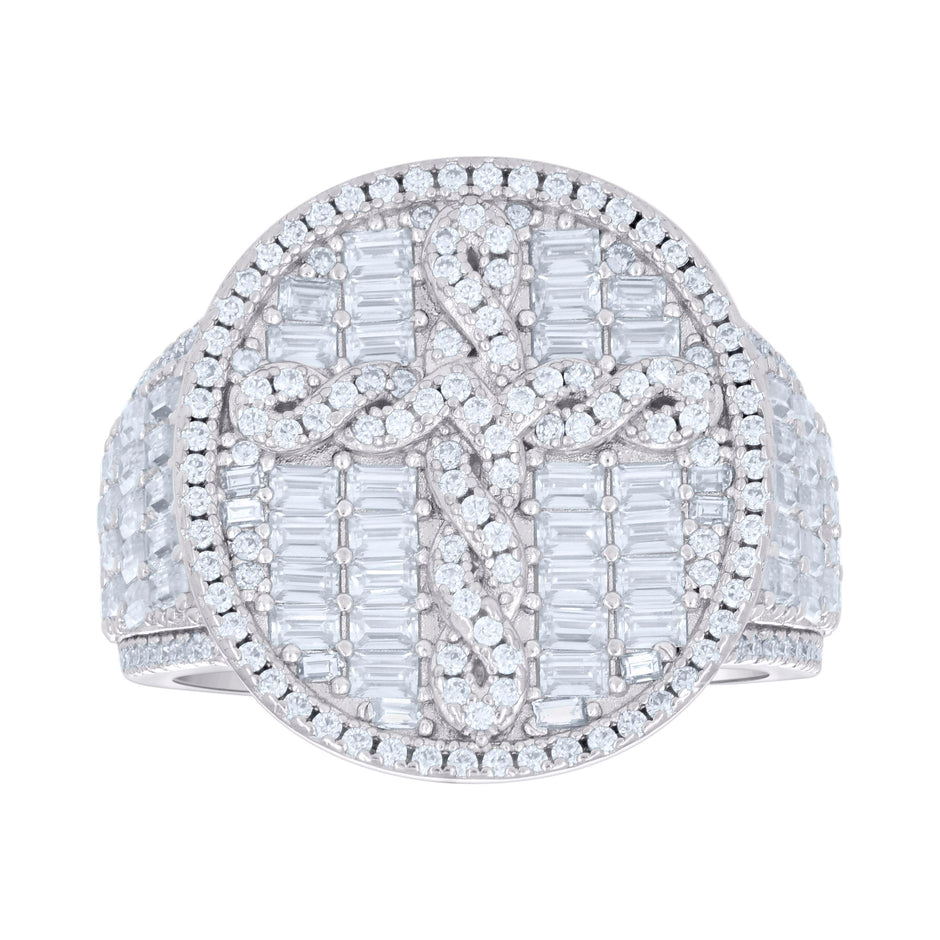 925 Sterling Silver Mens 0.76ct Round 2.9ct Baguette Moissanite Cross Religious Ring Size 10 - SLV-137045