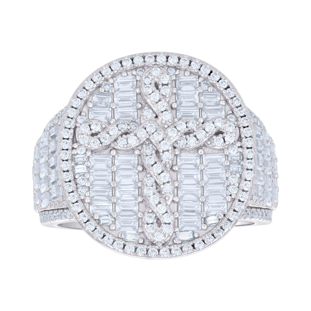 925 Sterling Silver Mens 0.76ct Round 2.9ct Baguette Moissanite Cross Religious Ring Size 10 - SLV-137045