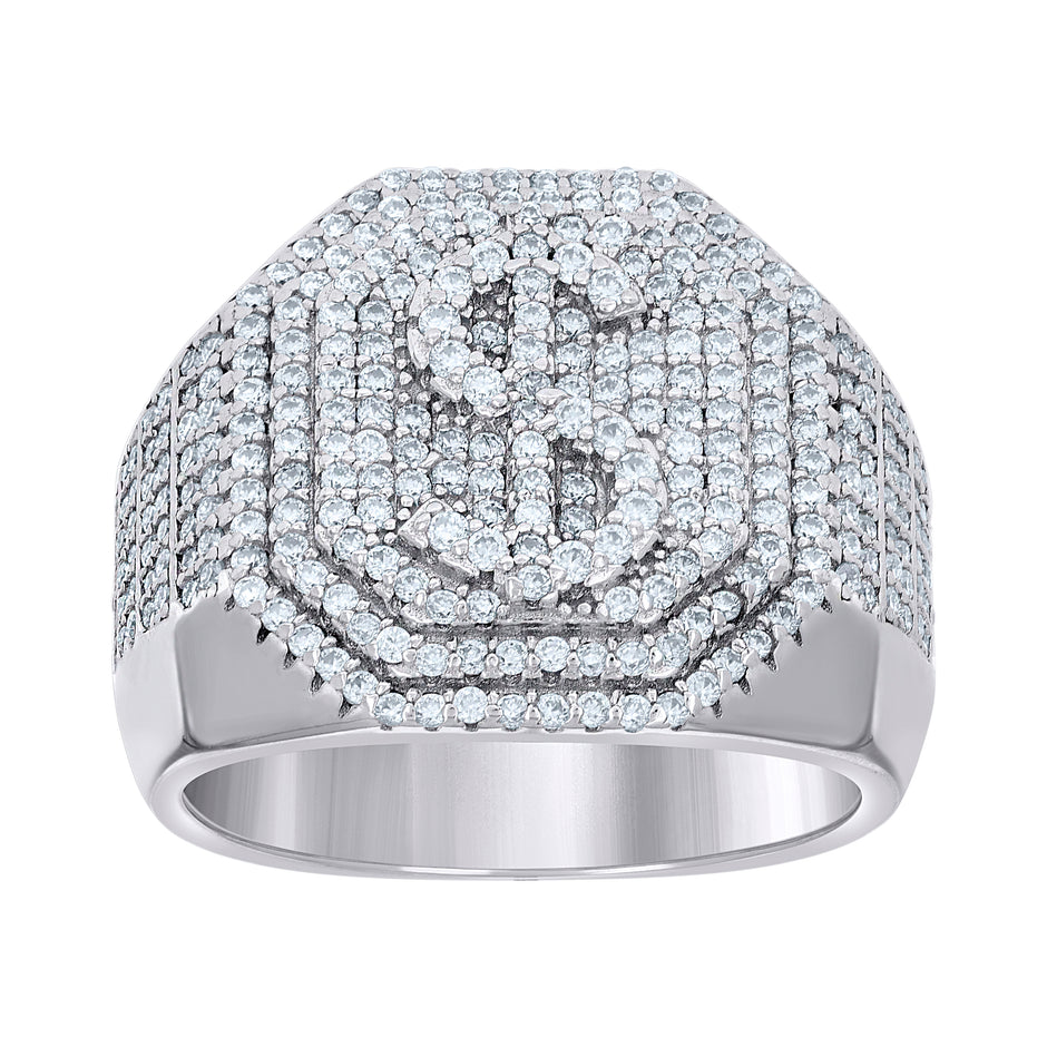 925 Sterling Silver Mens 1.58ct Moissanite Octagon Head Dollar Sign Currency Ring Size 12 - SLV-137052