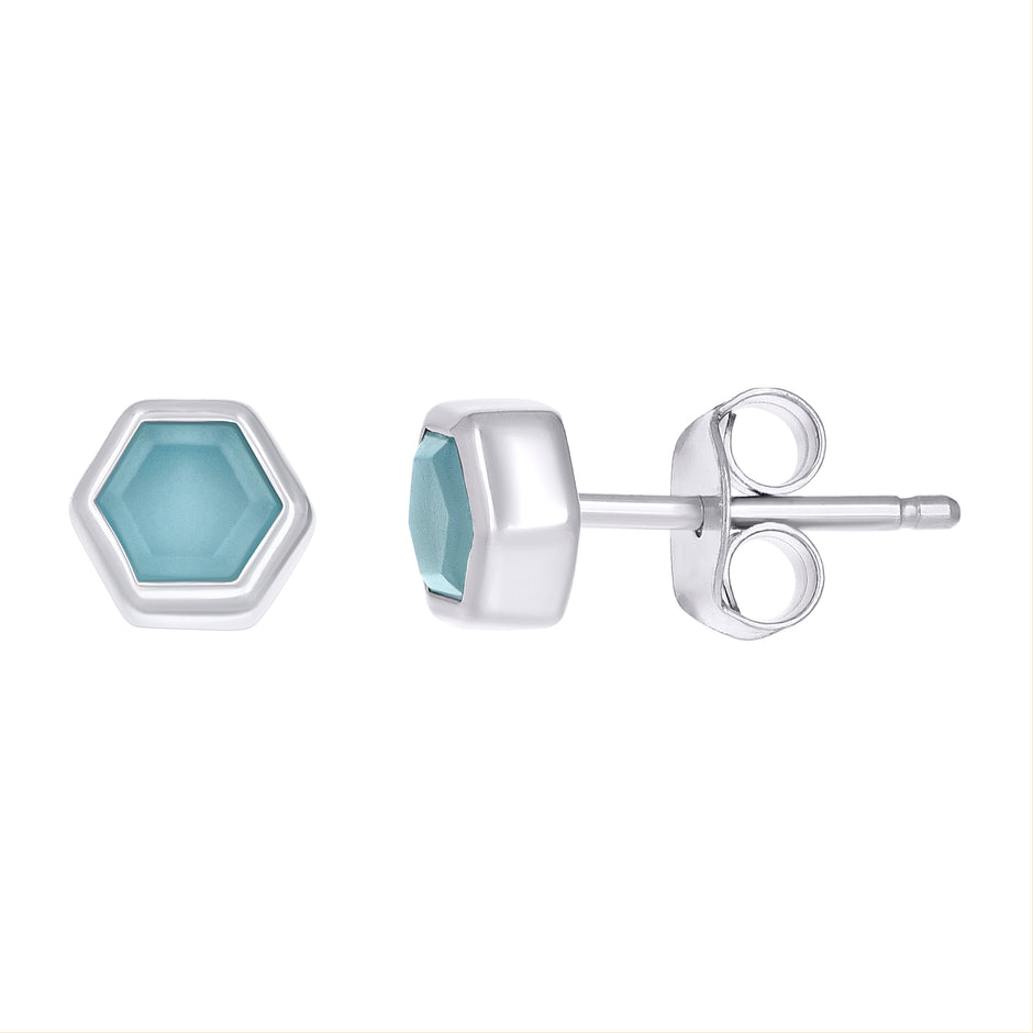 925 Sterling Silver Women Natural Blue Stone Octagon Fashion Stud Earrings 