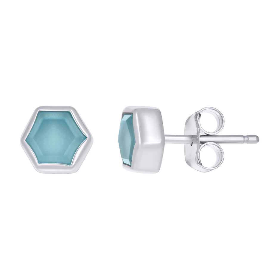 925 Sterling Silver Women Natural Blue Stone Octagon Fashion Stud Earrings 