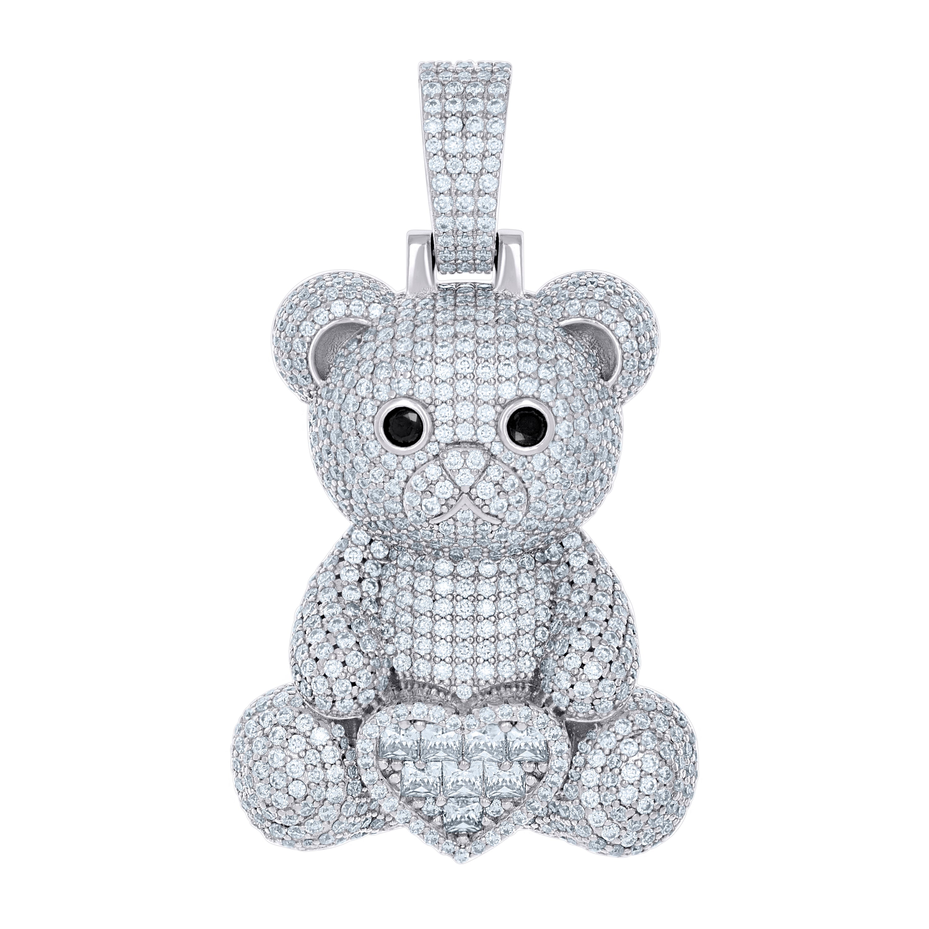 925 Sterling Silver Women Black White Cubic-Zirconia Teddy Bear Heart Charm Pendant 
