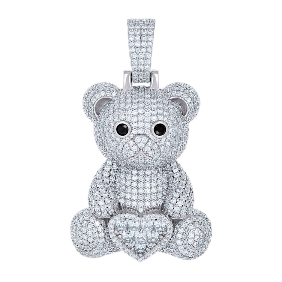 925 Sterling Silver Women Black White Cubic-Zirconia Teddy Bear Heart Charm Pendant 