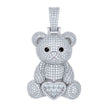 925 Sterling Silver Women Black White Cubic-Zirconia Teddy Bear Heart Charm Pendant 