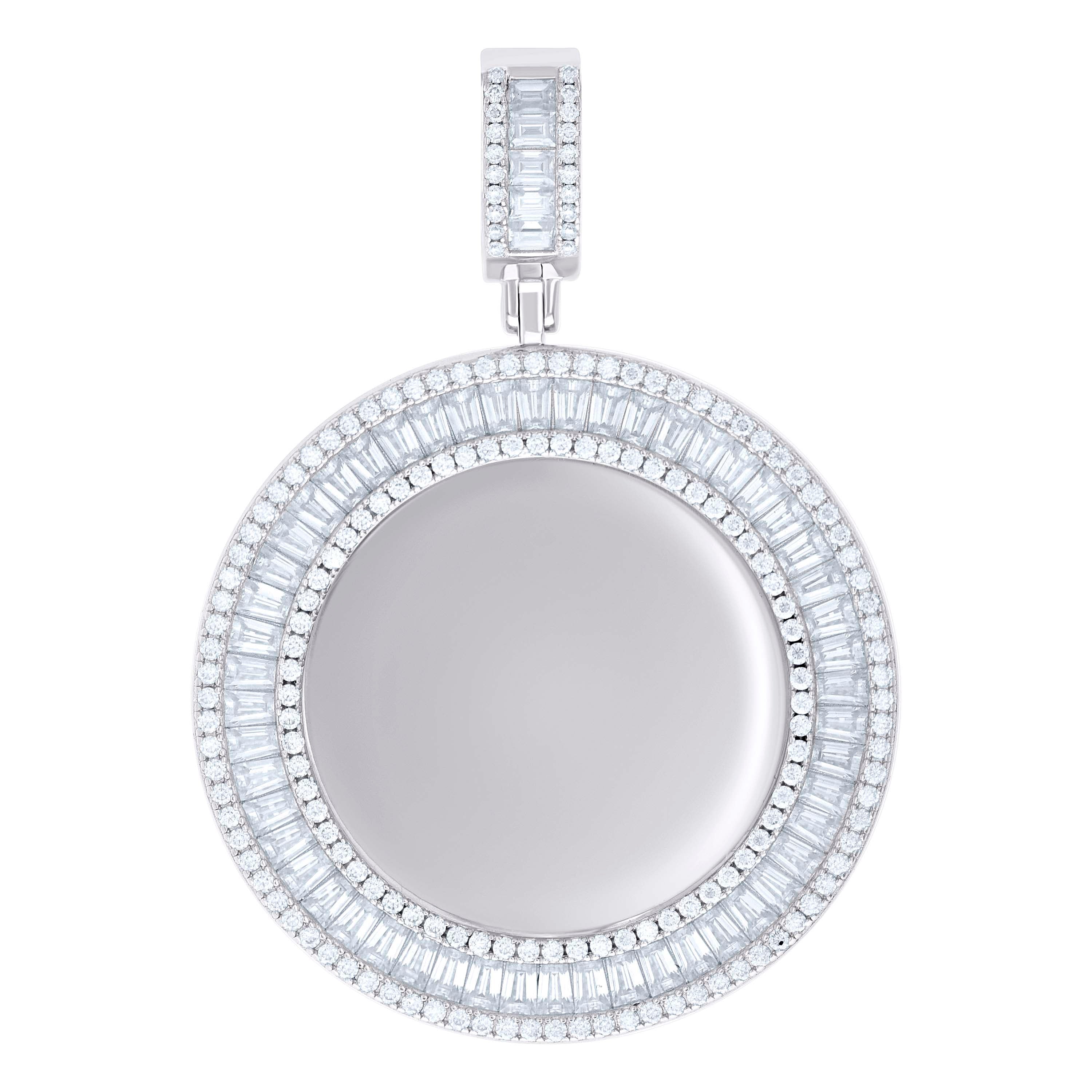 925 Sterling Silver Unisex Round Baguette Cubic-Zirconia Memory Circle Photo Frame Charm Pendant