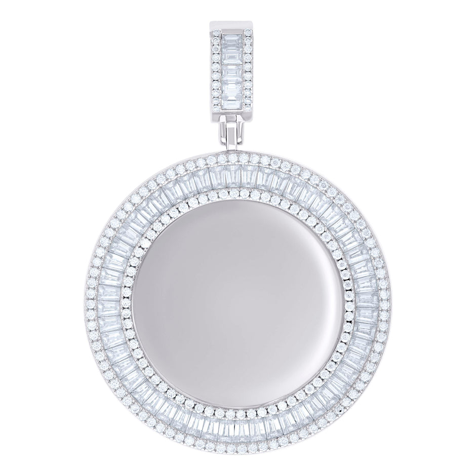925 Sterling Silver Unisex Round Baguette Cubic-Zirconia Memory Circle Photo Frame Charm Pendant