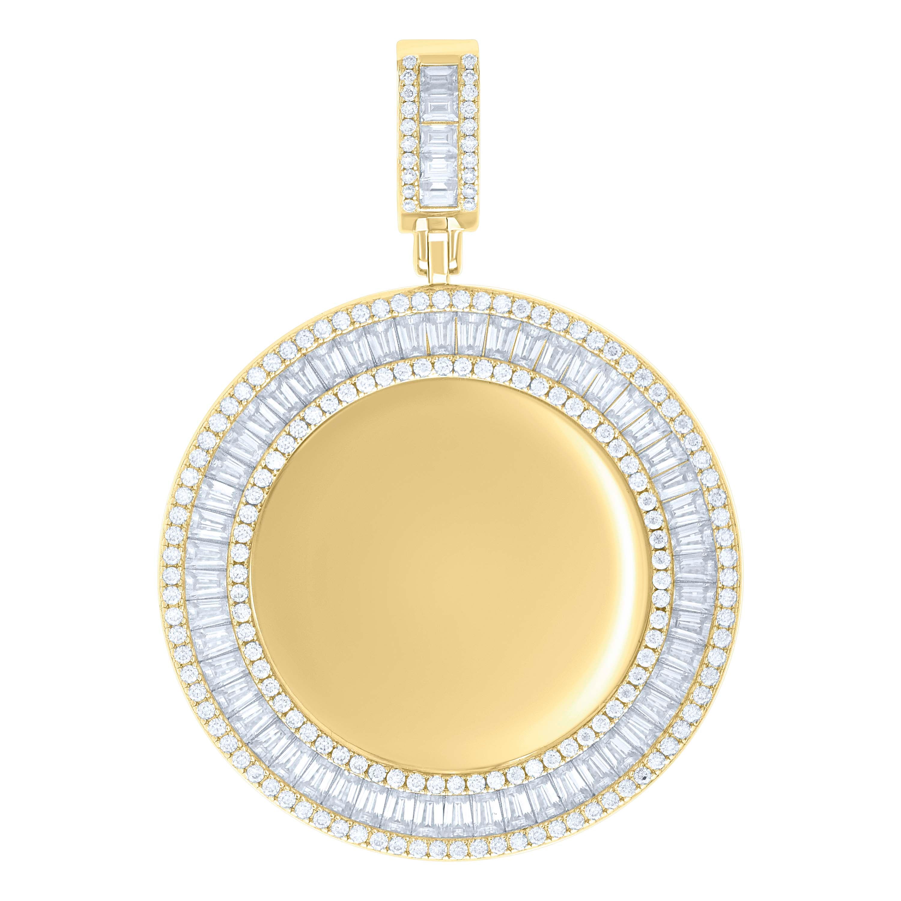 925 Sterling Silver Yellow-tone Unisex Round Baguette Cubic-Zirconia Memory Circle Photo Frame Charm Pendant