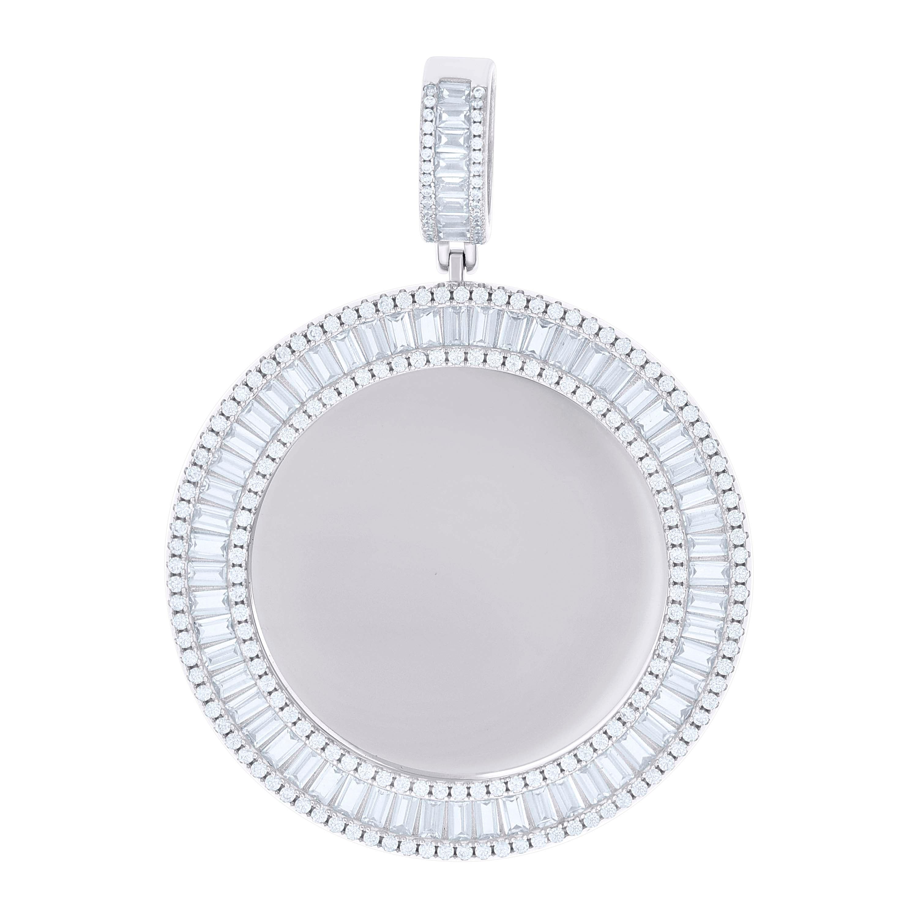 925 Sterling Silver Unisex Round Baguette Cubic-Zirconia Memory Circle Photo Frame Charm Pendant