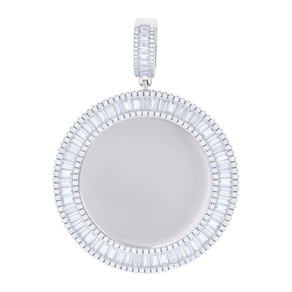 925 Sterling Silver Unisex Round Baguette Cubic-Zirconia Memory Circle Photo Frame Charm Pendant