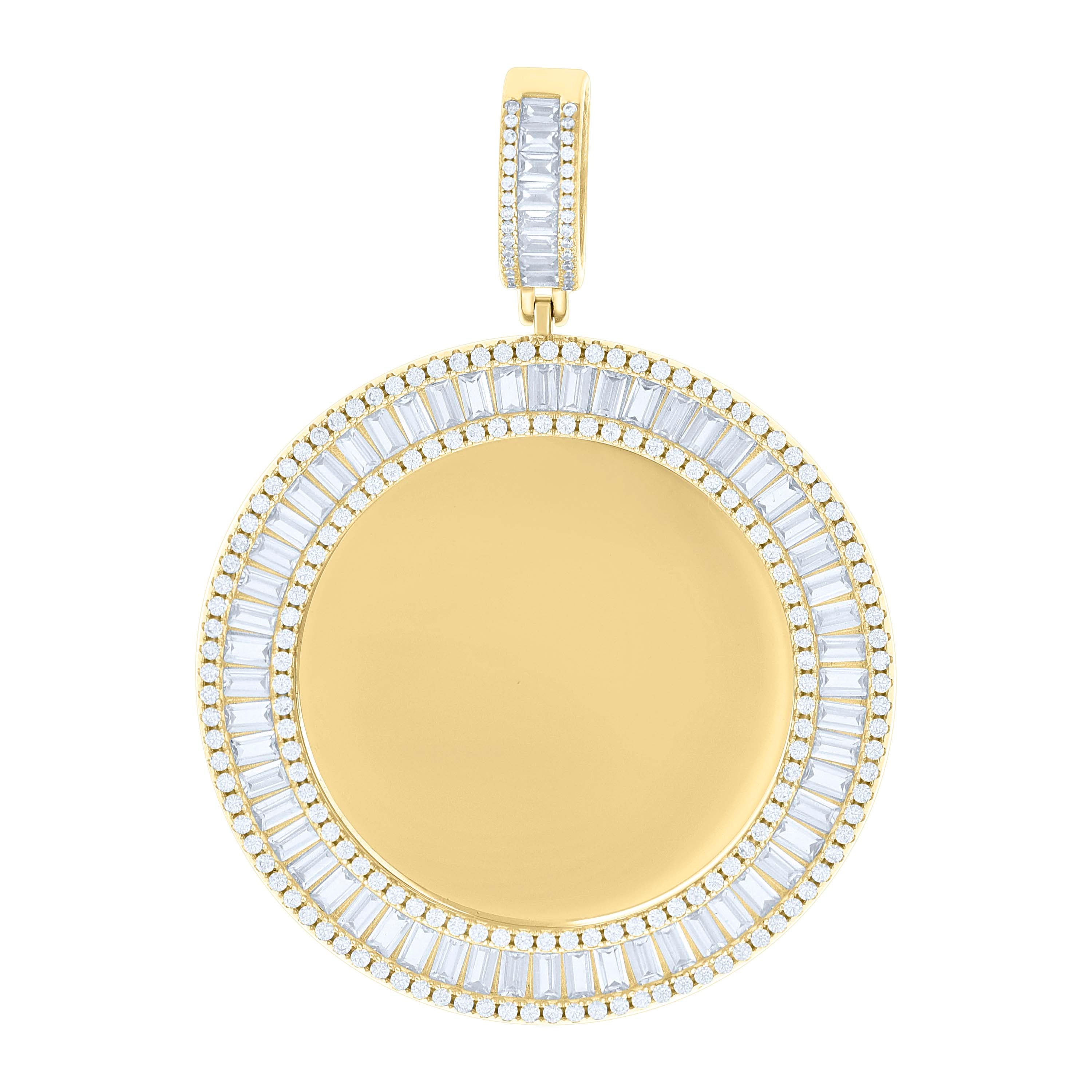 925 Sterling Silver Yellow-tone Unisex Round Baguette Cubic-Zirconia Memory Circle Photo Frame Charm Pendant