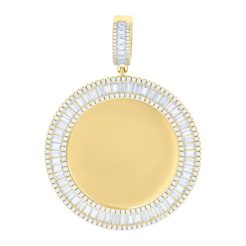 925 Sterling Silver Yellow-tone Unisex Round Baguette Cubic-Zirconia Memory Circle Photo Frame Charm Pendant
