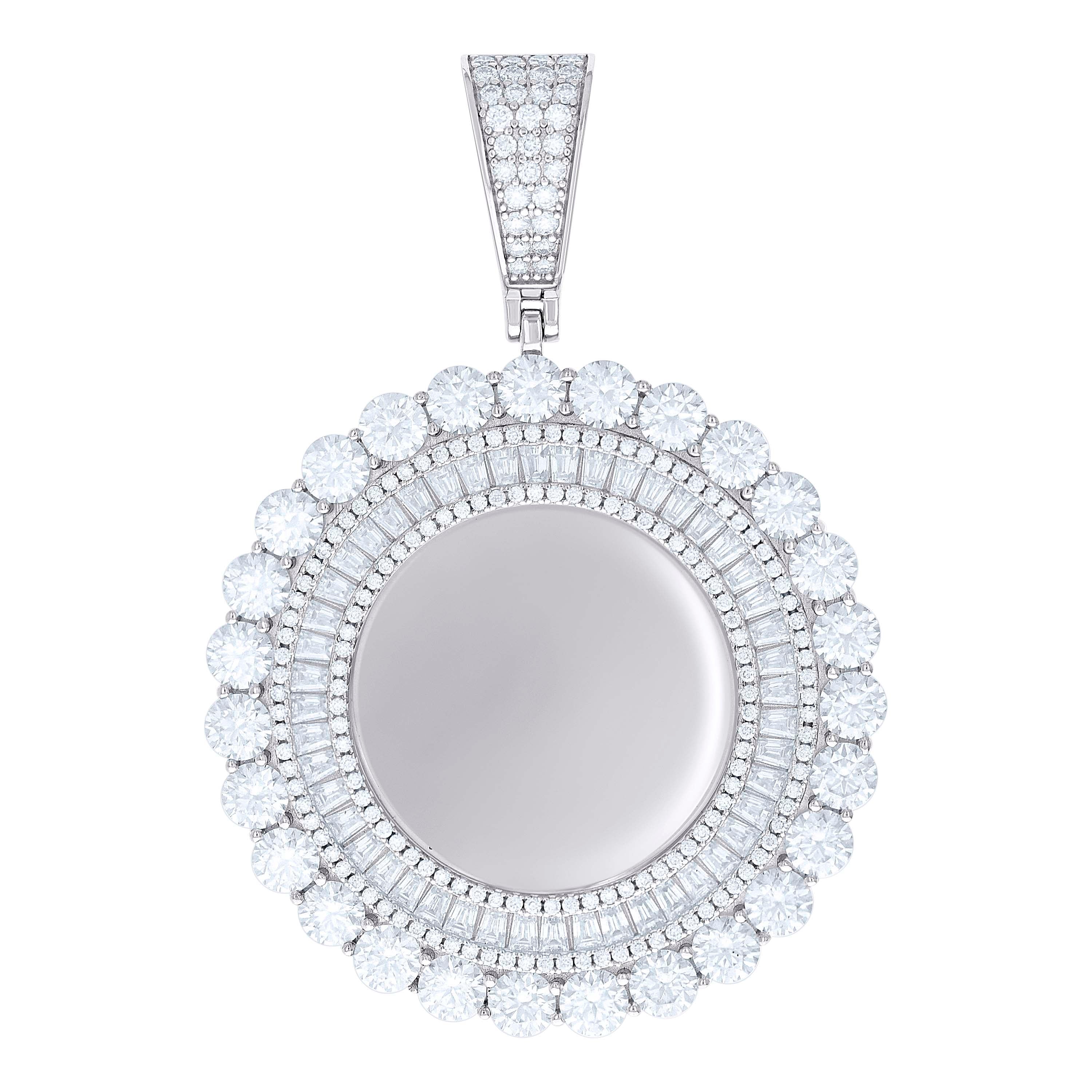 925 Sterling Silver Unisex Round Baguette Cubic-Zirconia Memory Circle Photo Frame Charm Pendant