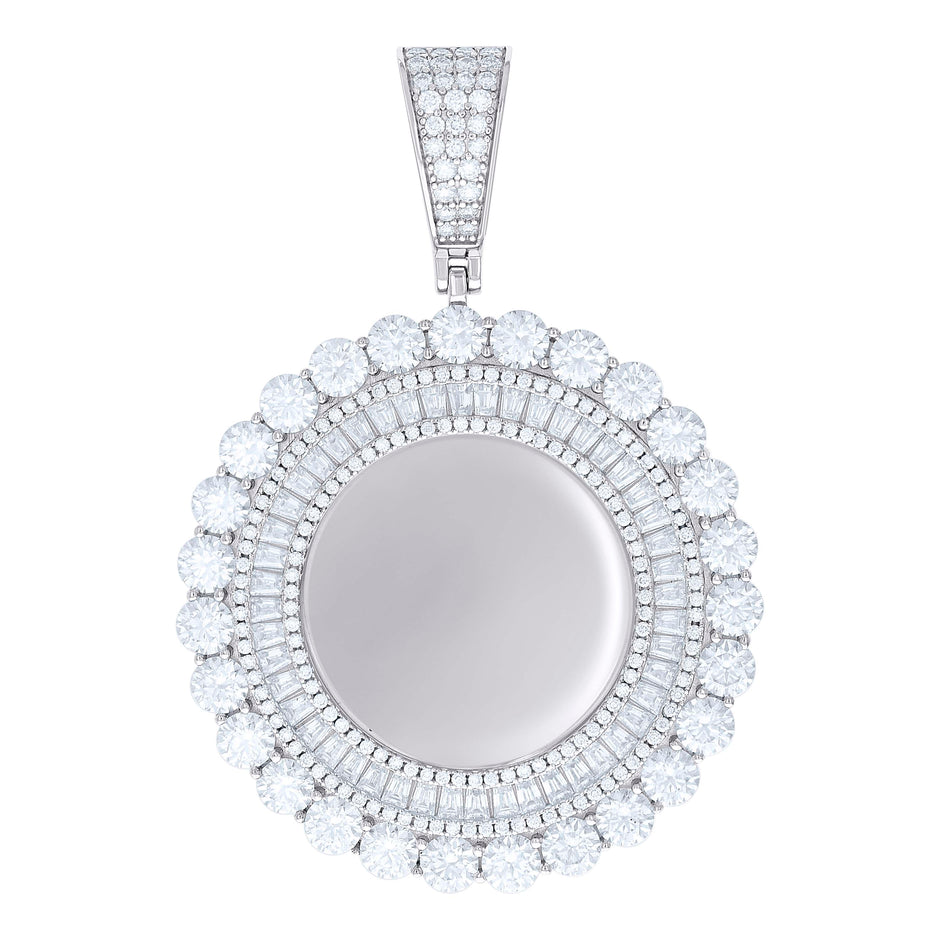 925 Sterling Silver Unisex Round Baguette Cubic-Zirconia Memory Circle Photo Frame Charm Pendant