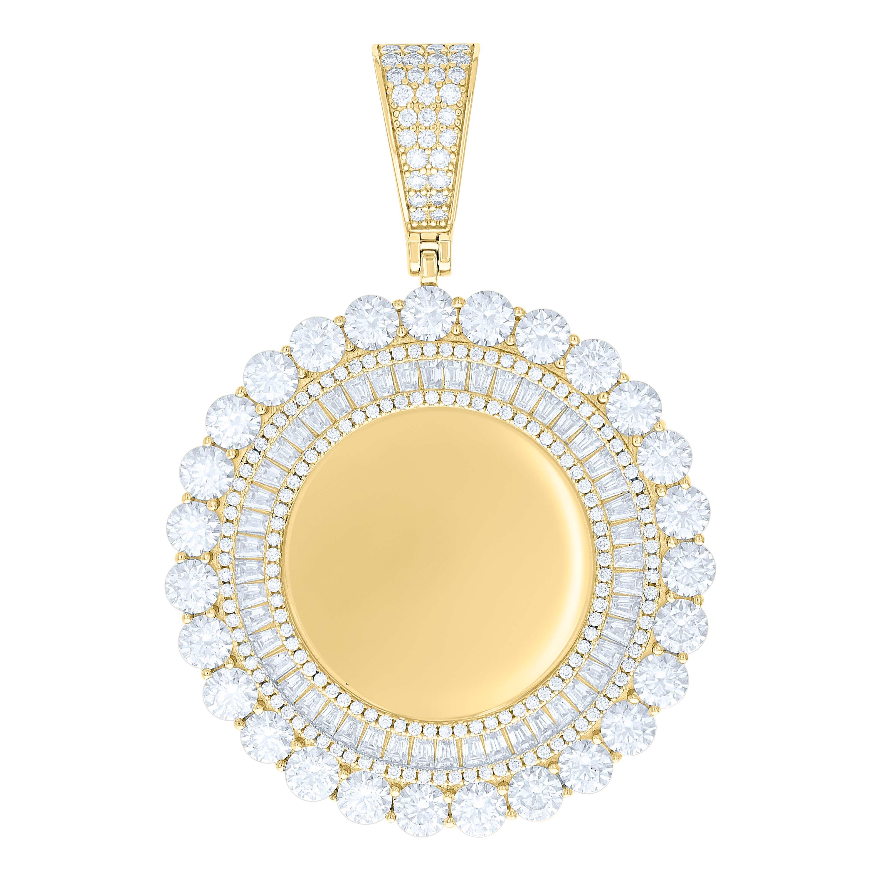 925 Sterling Silver Yellow-tone Unisex Round Baguette Cubic-Zirconia Memory Circle Photo Frame Charm Pendant