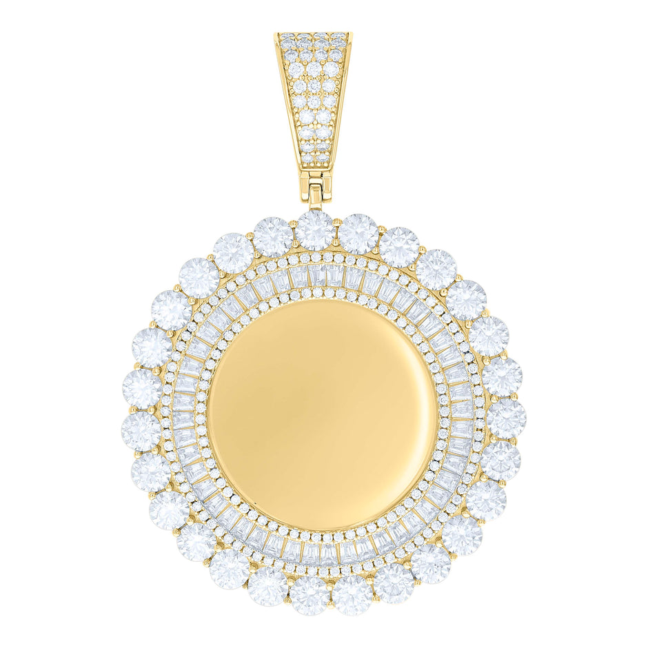 925 Sterling Silver Yellow-tone Unisex Round Baguette Cubic-Zirconia Memory Circle Photo Frame Charm Pendant