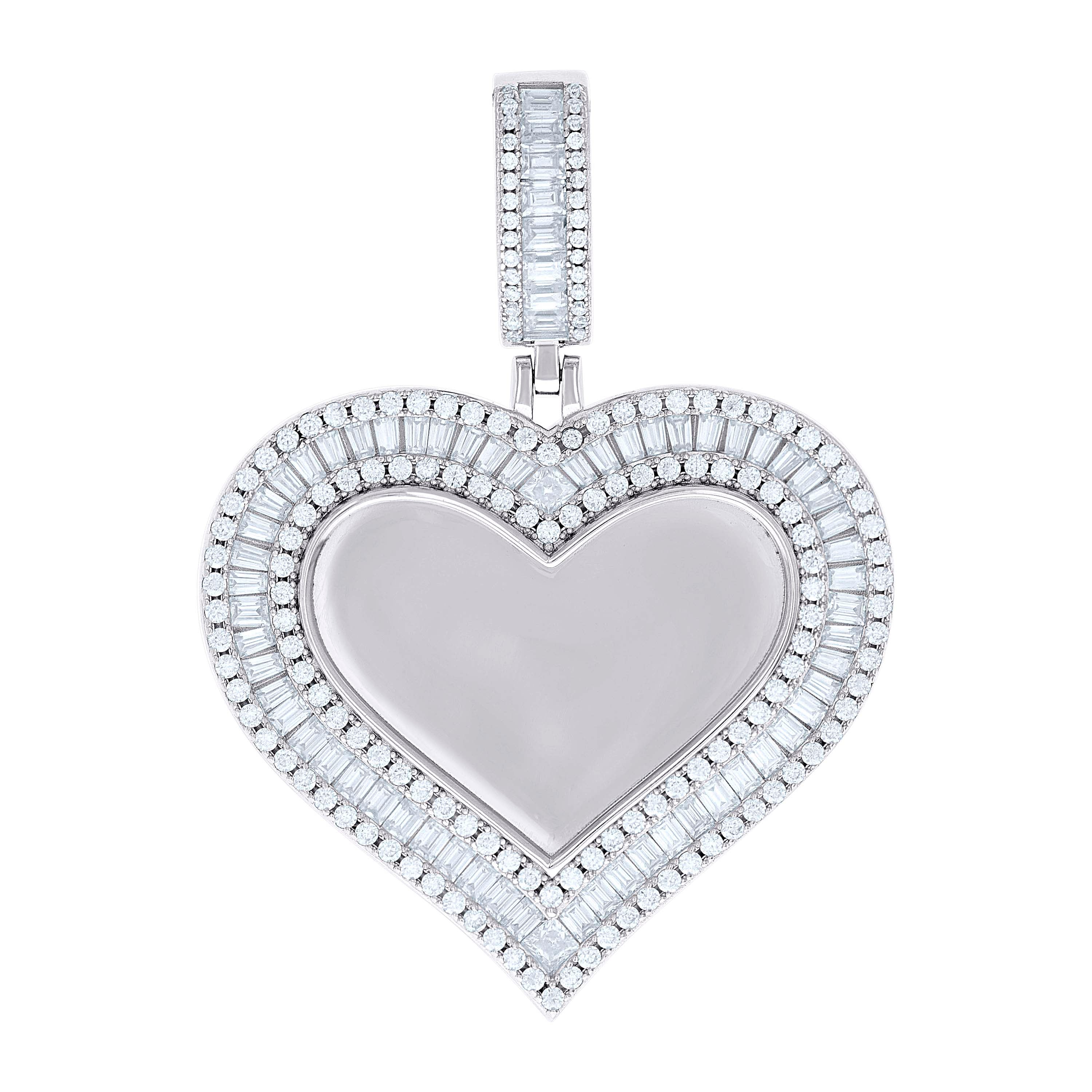 925 Sterling Silver Women Round Baguette Cubic-Zirconia Heart Photo Frame Charm Pendant