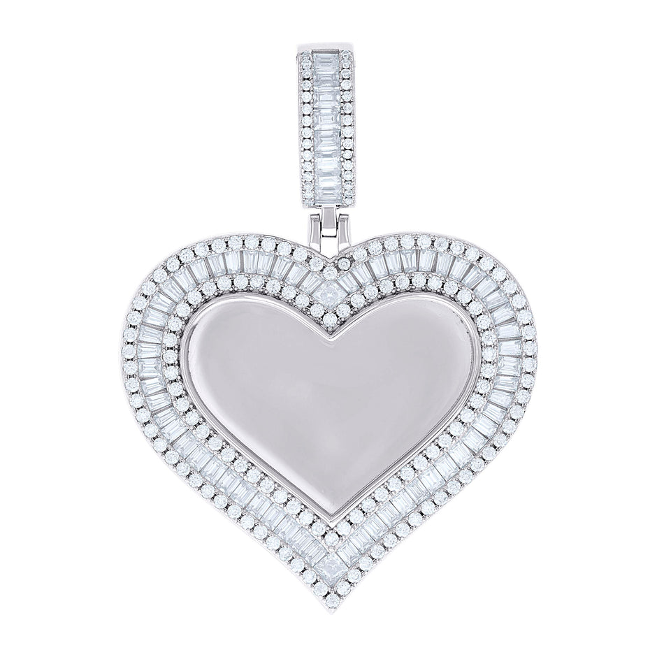 925 Sterling Silver Women Round Baguette Cubic-Zirconia Heart Photo Frame Charm Pendant