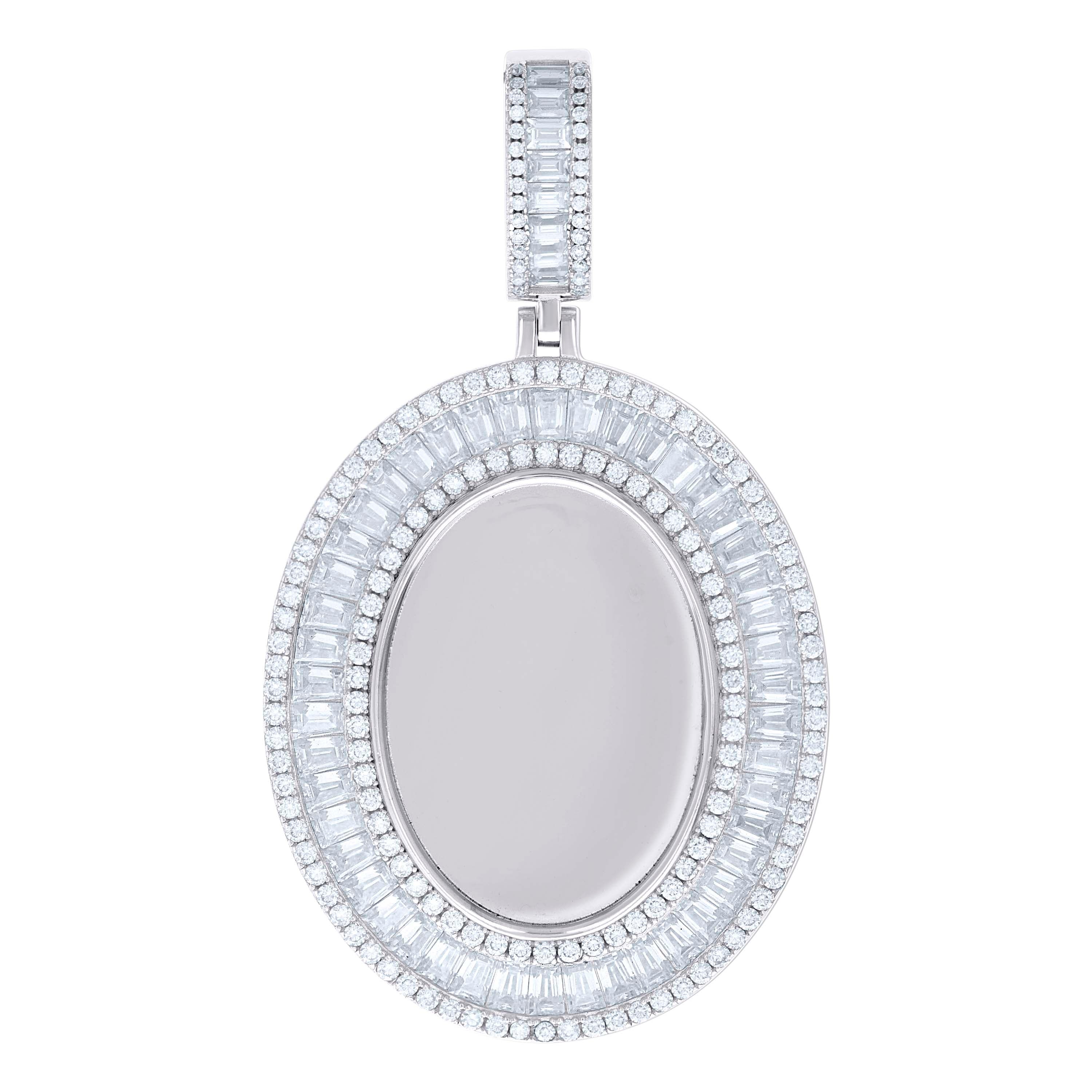 925 Sterling Silver Unisex Round Baguette Cubic-Zirconia Oval Photo Frame Charm Pendant