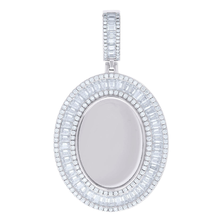 925 Sterling Silver Unisex Round Baguette Cubic-Zirconia Oval Photo Frame Charm Pendant