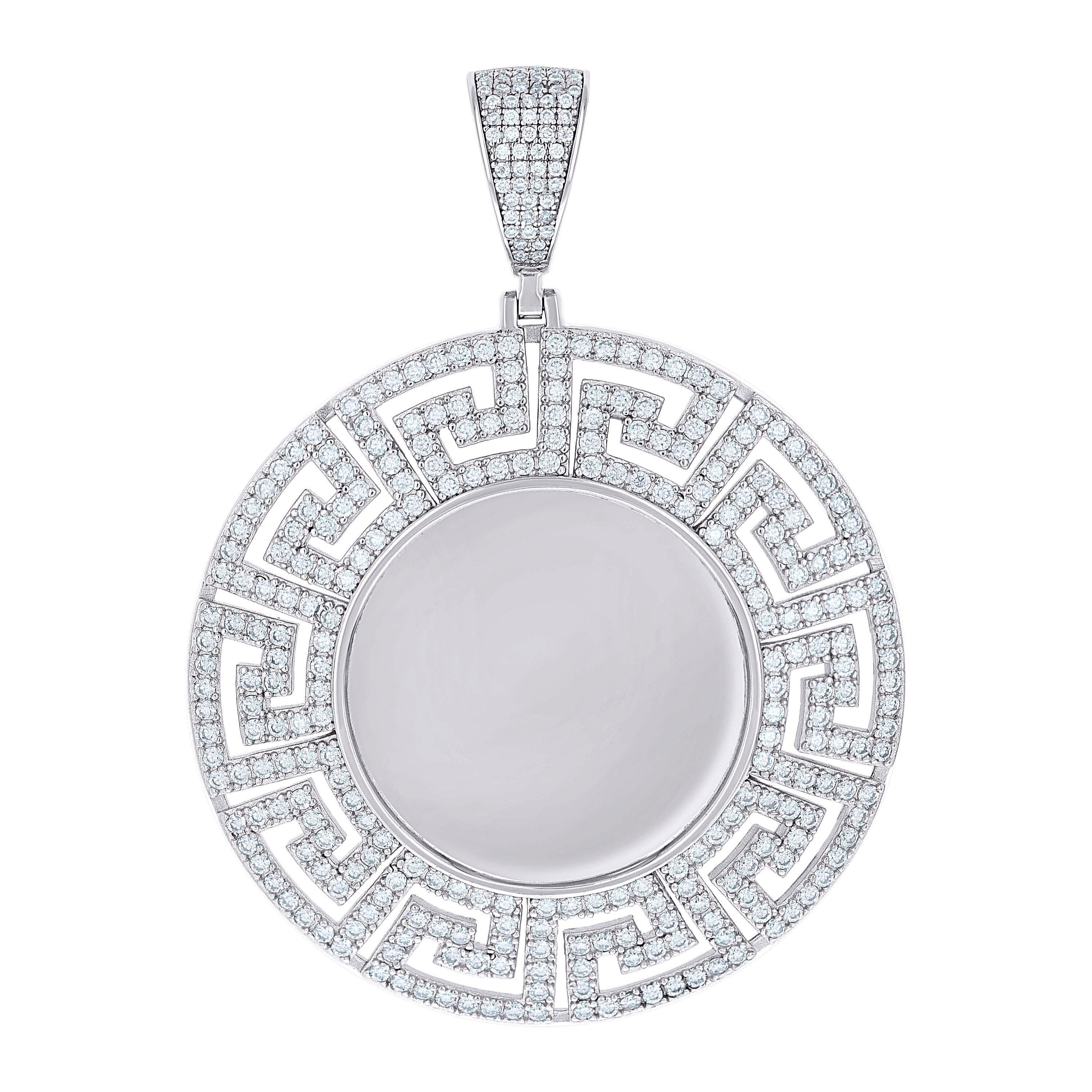 925 Sterling Silver Unisex Cubic-Zirconia Greek Key Memory Circle Photo Frame Charm Pendant