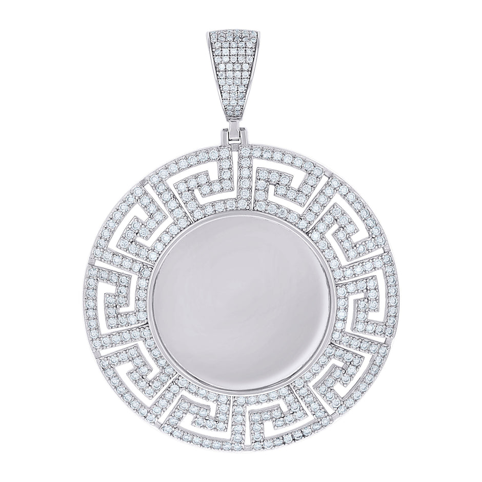925 Sterling Silver Unisex Cubic-Zirconia Greek Key Memory Circle Photo Frame Charm Pendant