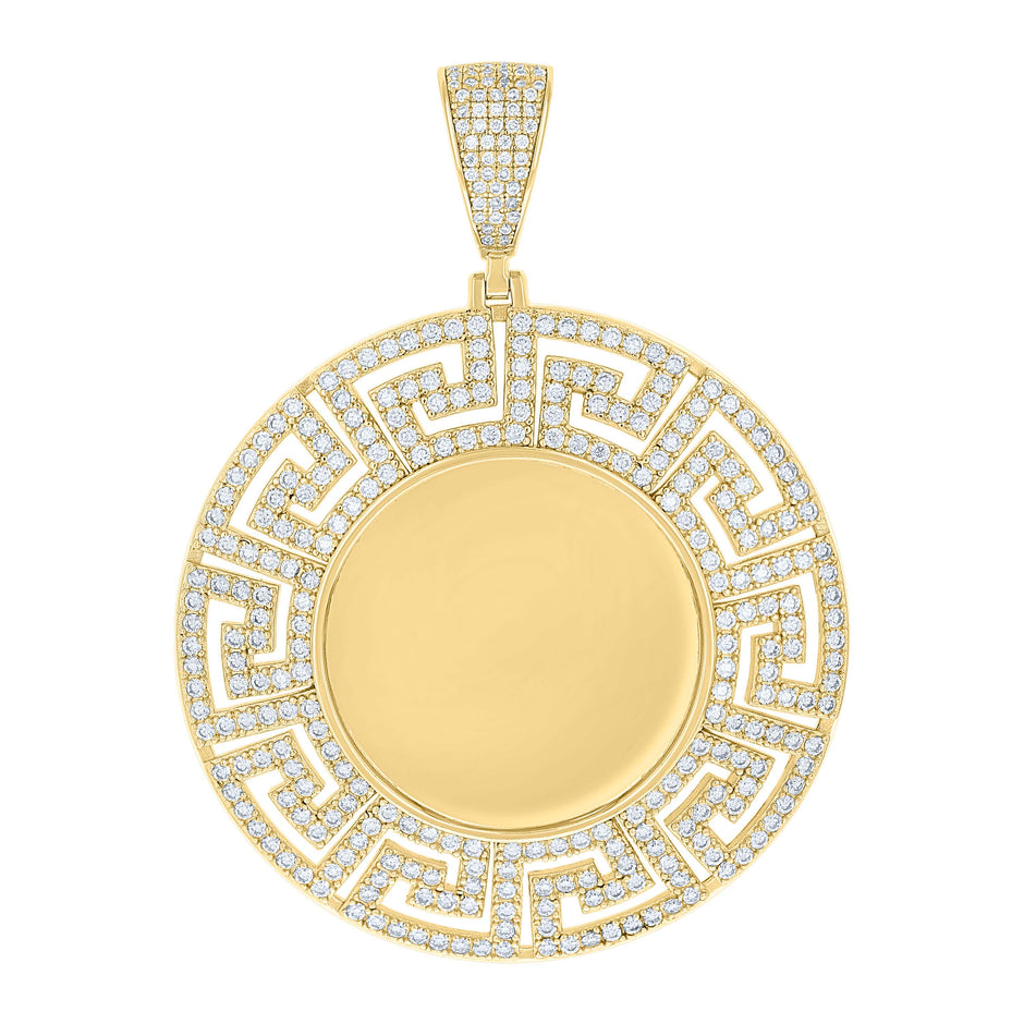 925 Sterling Silver Yellow-tone Unisex Cubic-Zirconia Greek Key Memory Circle Photo Frame Charm Pendant