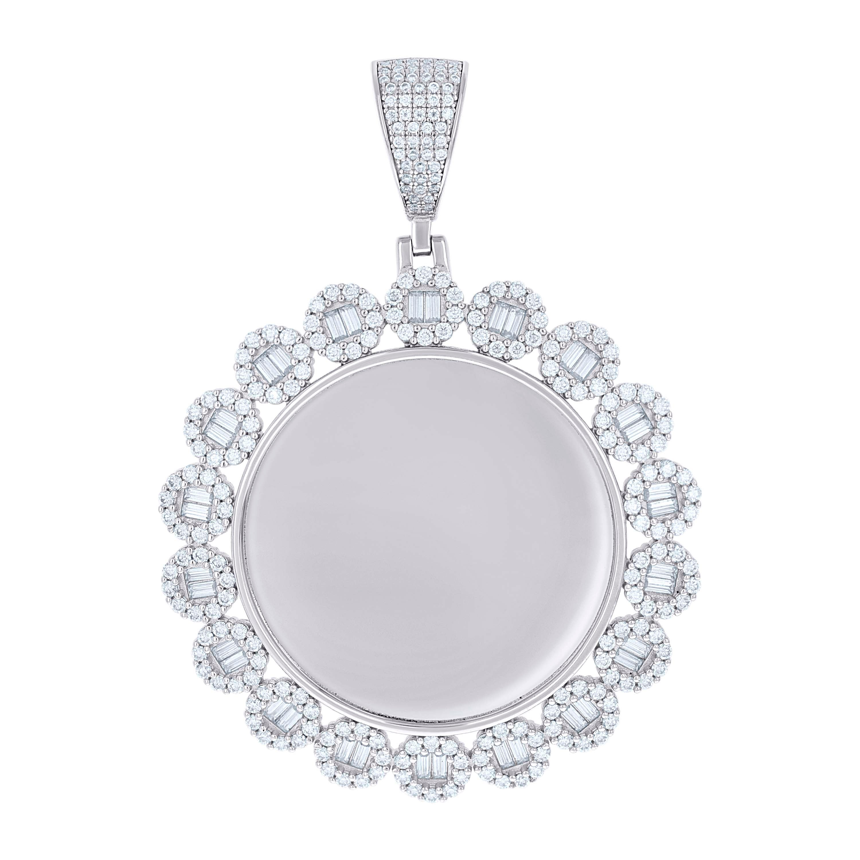 925 Sterling Silver Unisex Round Baguette Cubic-Zirconia Memory Circle Photo Frame Charm Pendant
