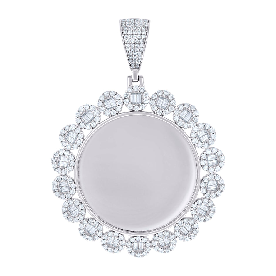 925 Sterling Silver Unisex Round Baguette Cubic-Zirconia Memory Circle Photo Frame Charm Pendant