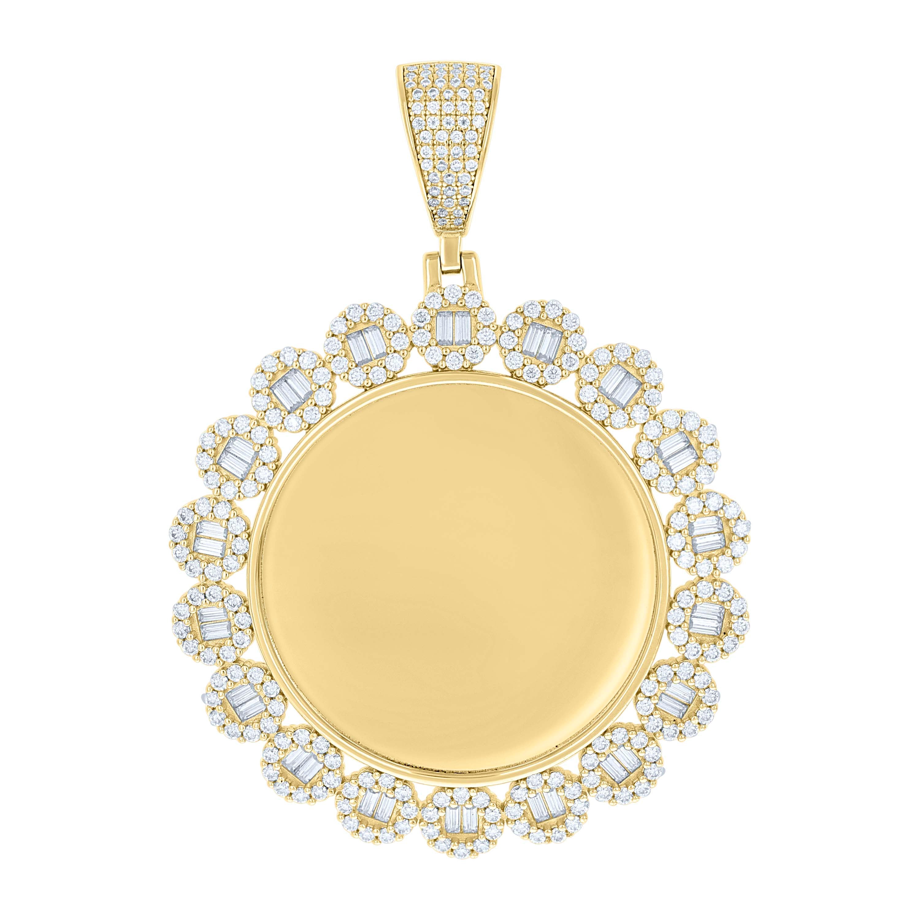 925 Sterling Silver Yellow-tone Unisex Round Baguette Cubic-Zirconia Memory Circle Photo Frame Charm Pendant