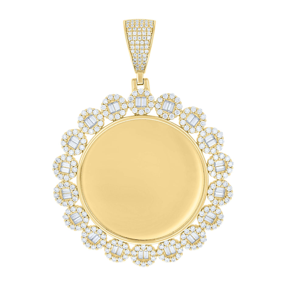 925 Sterling Silver Yellow-tone Unisex Round Baguette Cubic-Zirconia Memory Circle Photo Frame Charm Pendant