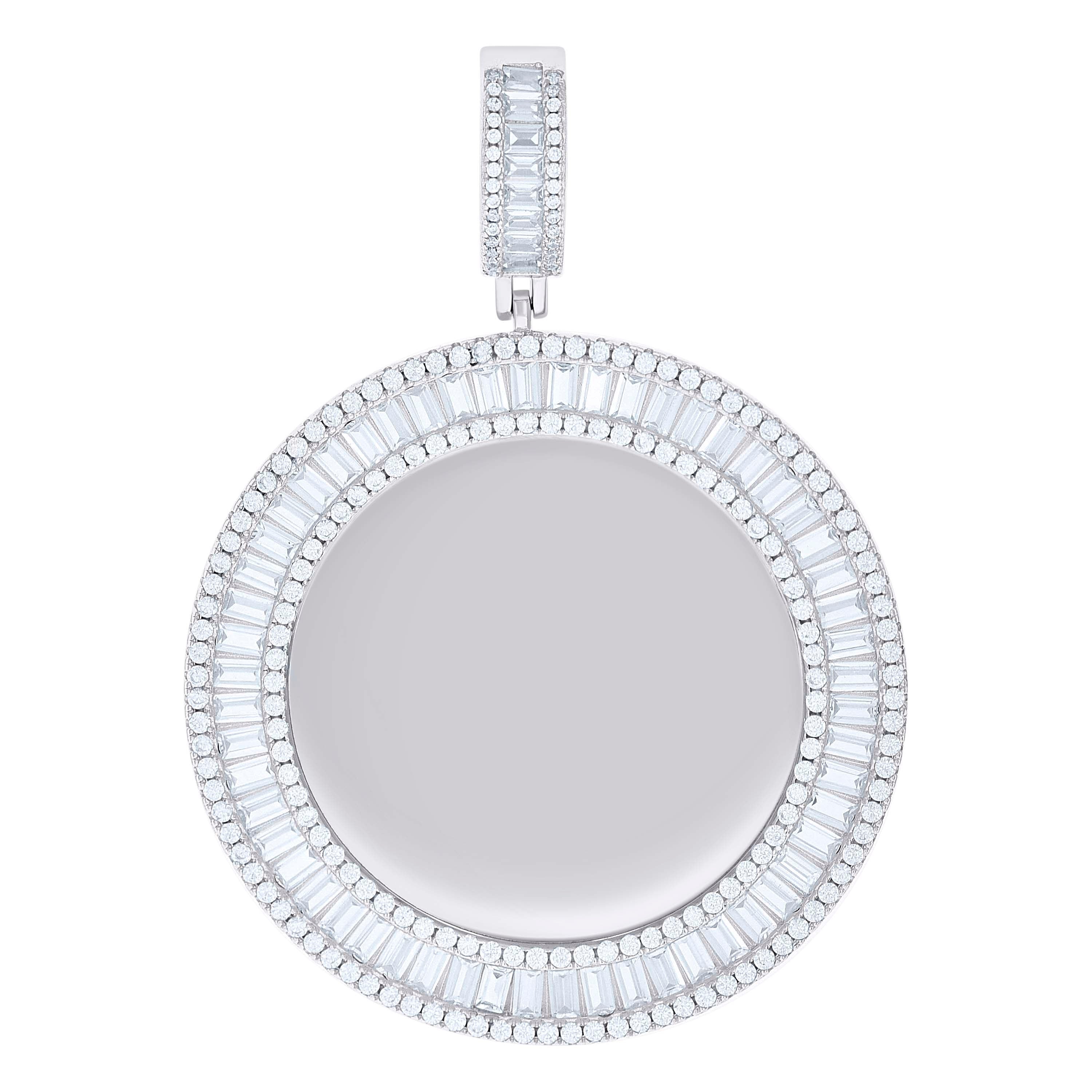 925 Sterling Silver Unisex Round Baguette Cubic-Zirconia Memory Circle Photo Frame Charm Pendant