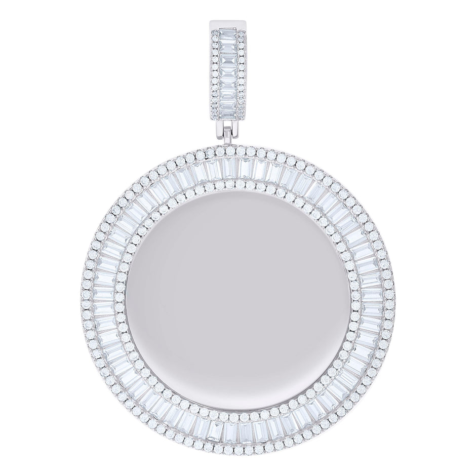 925 Sterling Silver Unisex Round Baguette Cubic-Zirconia Memory Circle Photo Frame Charm Pendant