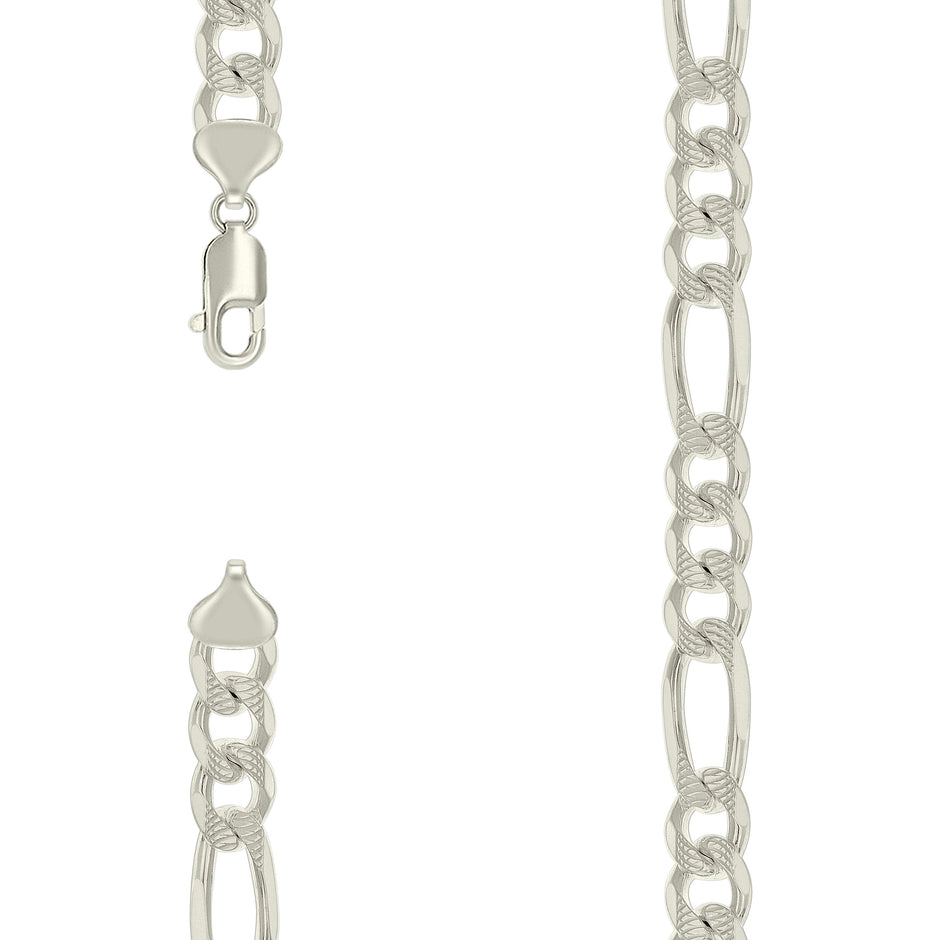 925 Sterling Silver Solid Pave Classic Figaro Silver Plated 250 9.5mm-8" - SLV-137444