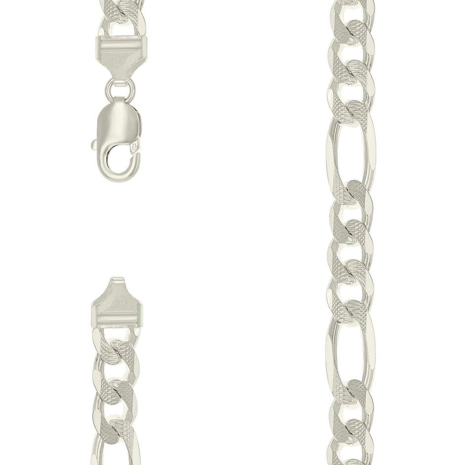 925 Sterling Silver Solid Pave Classic Figaro Silver Plated 300 11.0mm-26" - SLV-137469