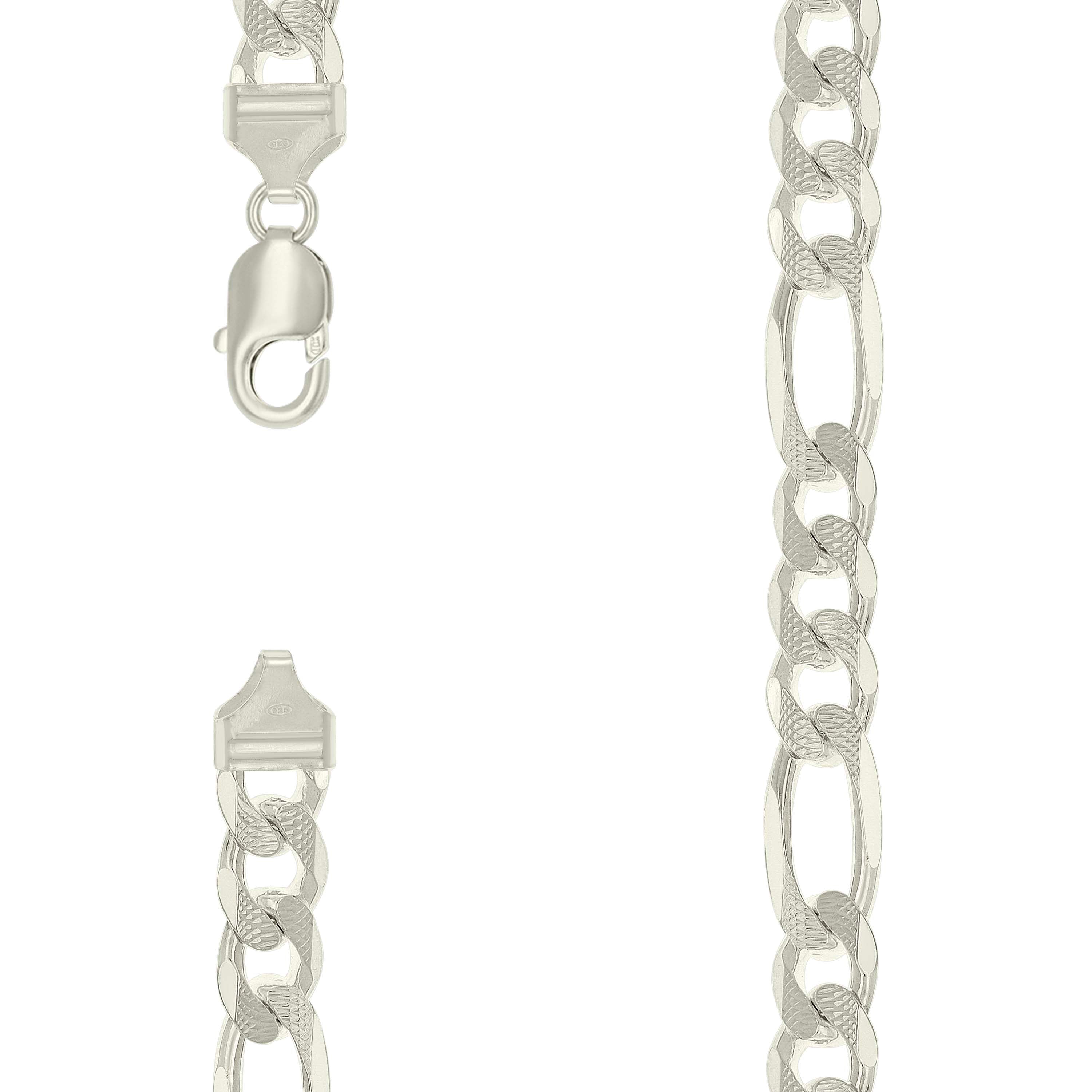 925 Sterling Silver Solid Pave Classic Figaro Silver Plated 300 11.0mm-22