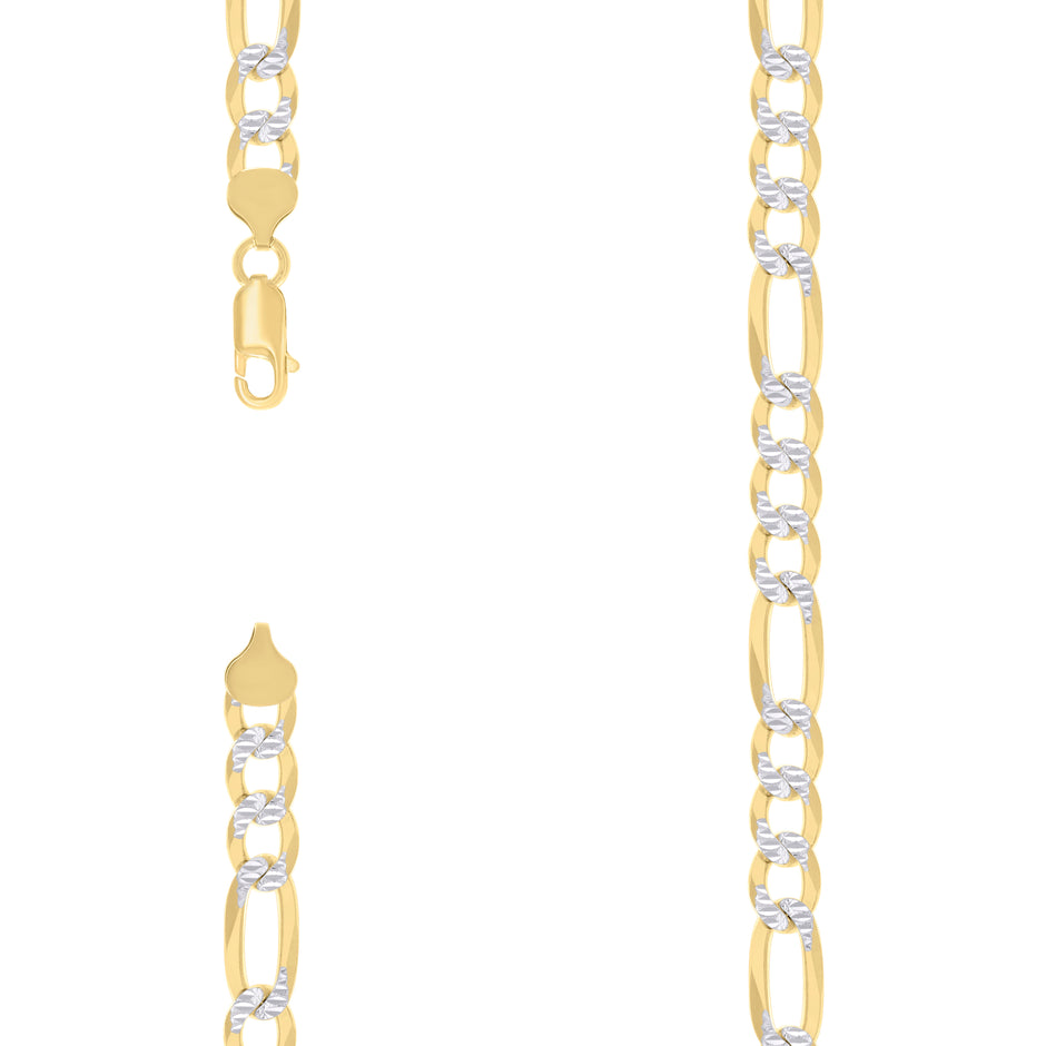 925 Sterling Silver Pave Super Flat Figaro Chain Two Tone 250 8.2mm-26" - SLV-137733
