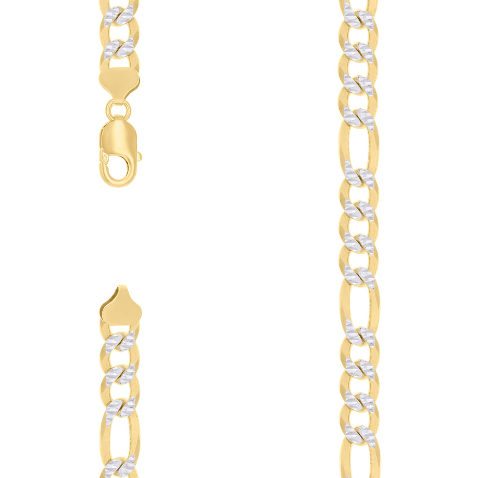 925 Sterling Silver Pave Super Flat Figaro Chain Two Tone 300 10mm-26" - SLV-137745