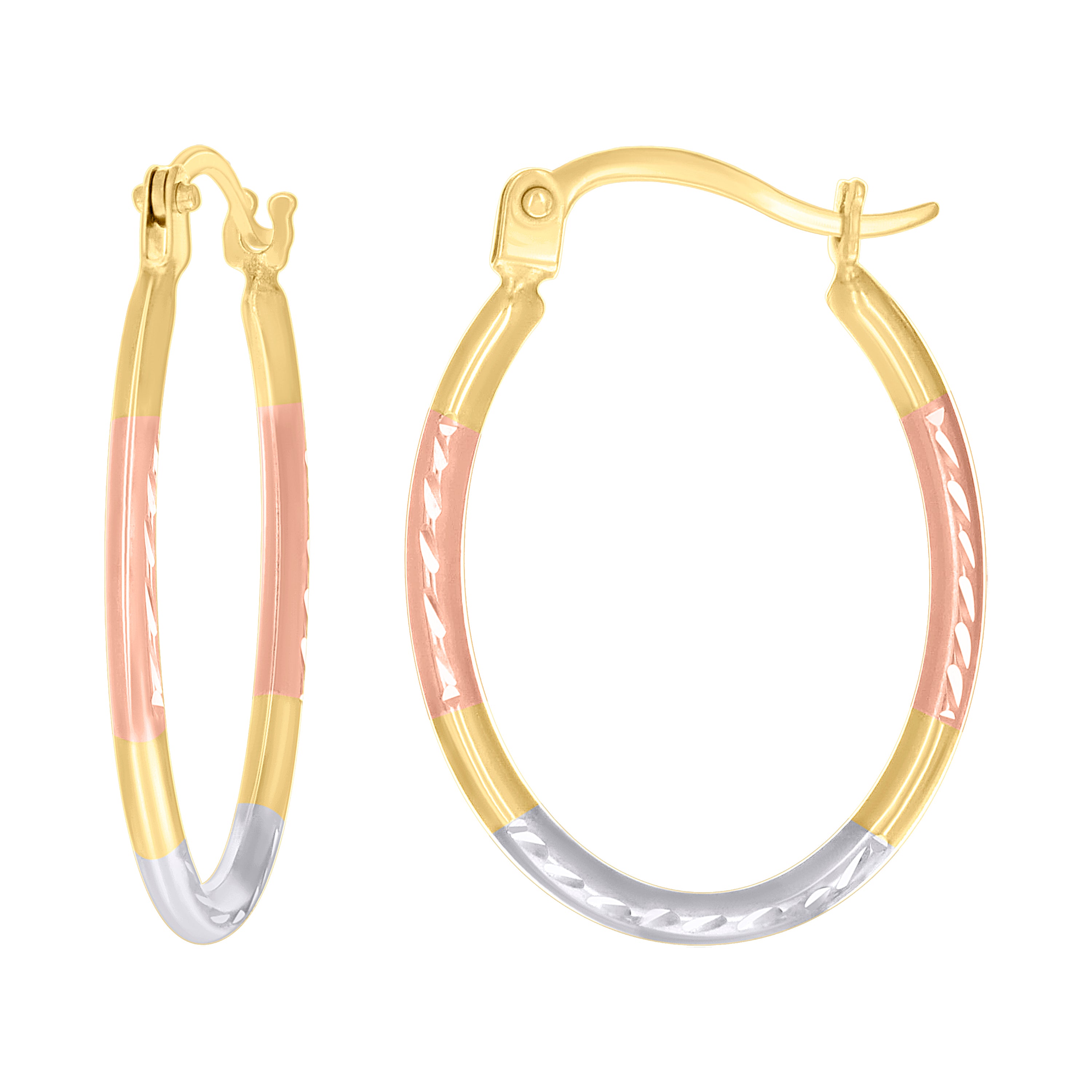 14kt Tri-Color Gold Womens Patterned Round Fashion Hoop Earrings