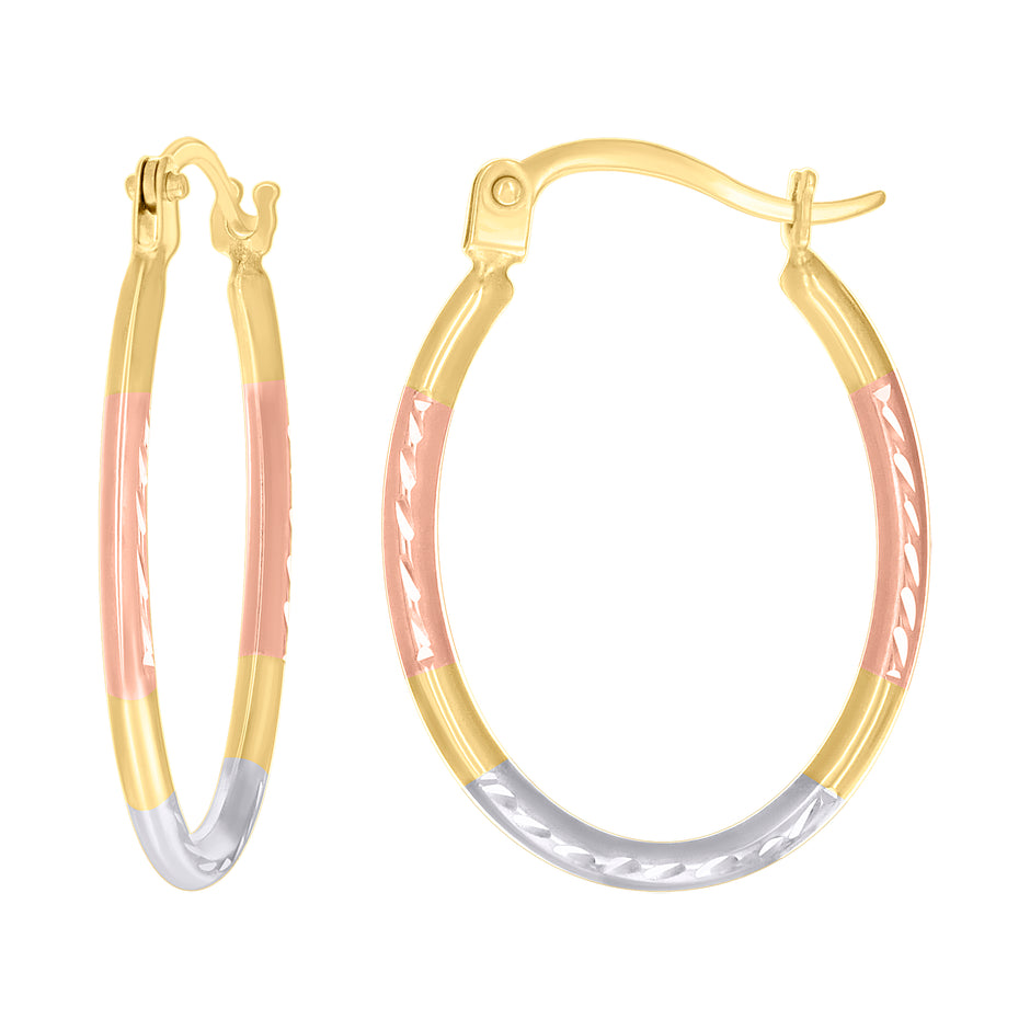 14kt Tri-Color Gold Womens Patterned Round Fashion Hoop Earrings