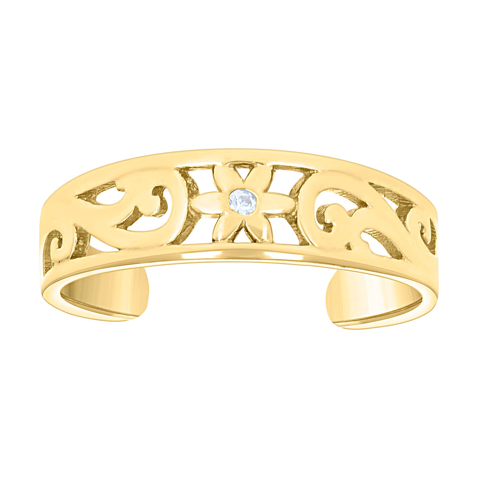 14kt Yellow Gold Womens Cubic-Zirconia Floral Toe Ring