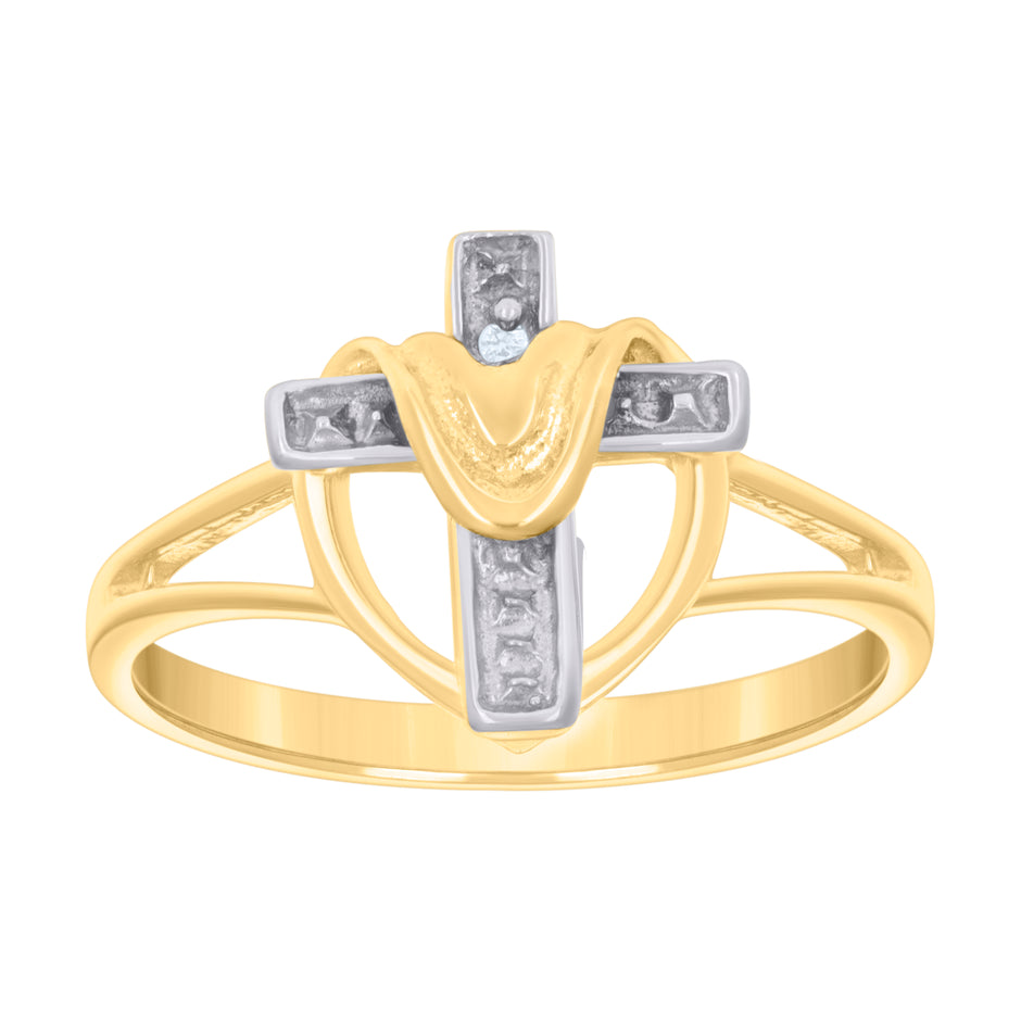 14kt Two-tone Gold Womens Cubic-Zirconia Draped Cross Religious Ring