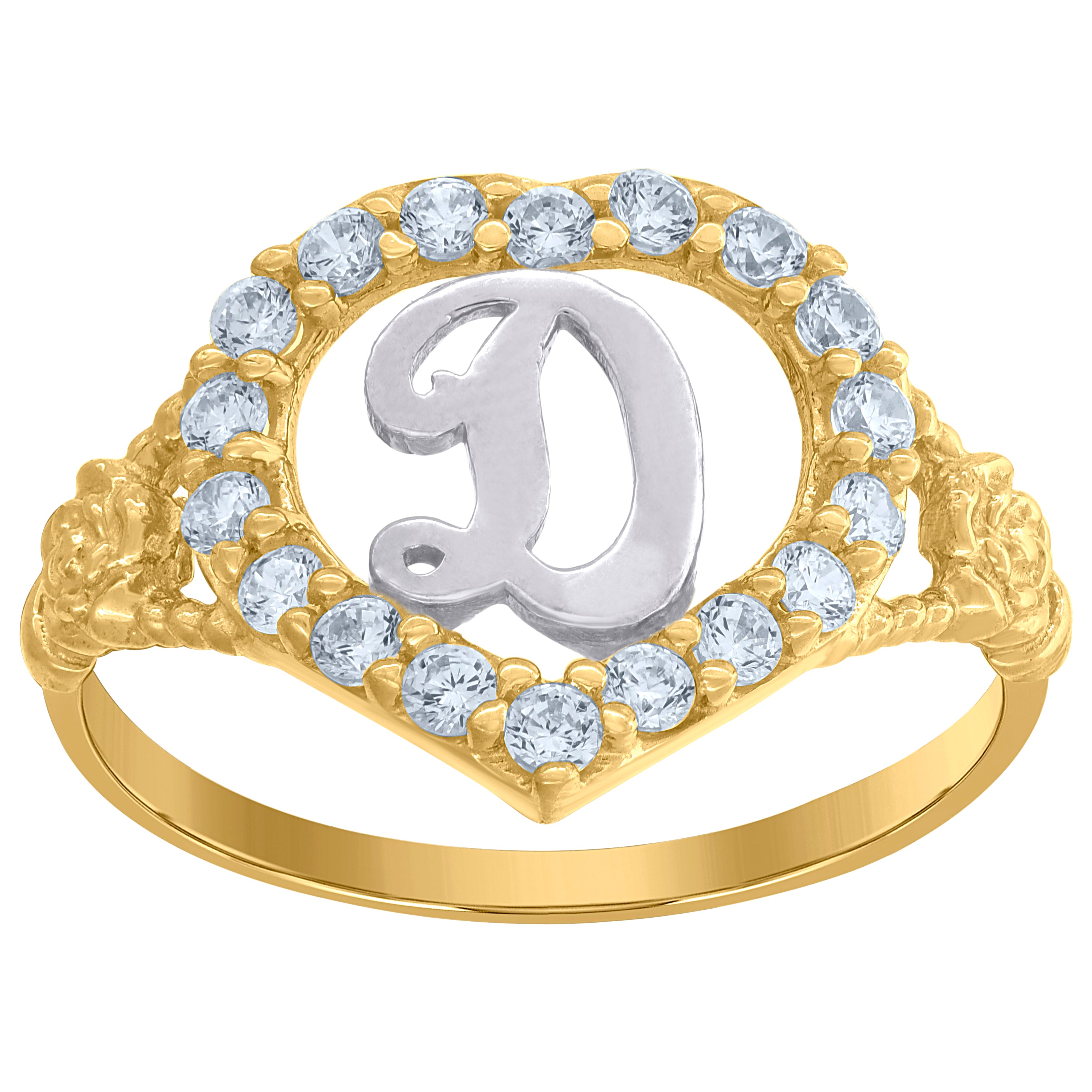 10kt Two-Tone Gold Womens Cubic Zirconia Polished Finish Heart Shape Letter D Initial Ring