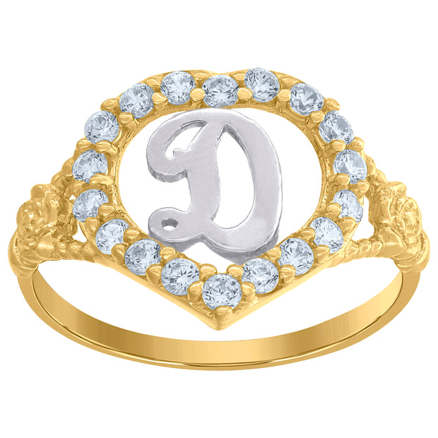 10kt Two-Tone Gold Womens Cubic Zirconia Polished Finish Heart Shape Letter D Initial Ring