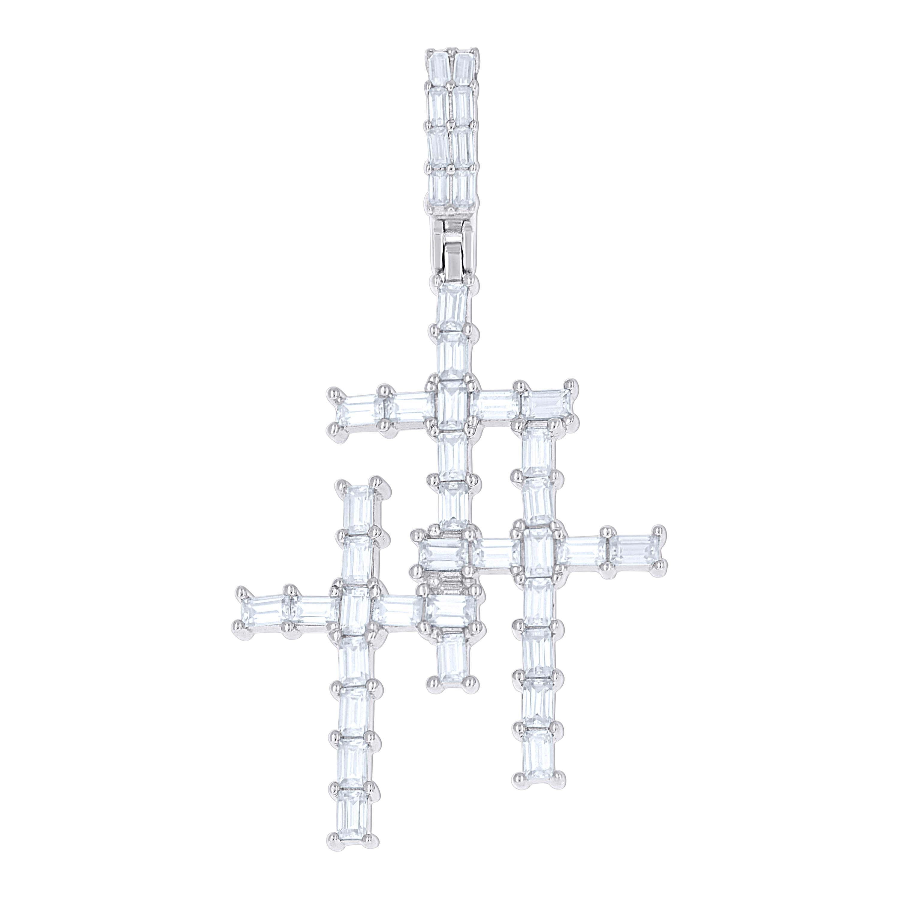 925 Sterling Silver Mens Baguette 2.04ct Moissanite Triple Cross Religious Charm Pendant 