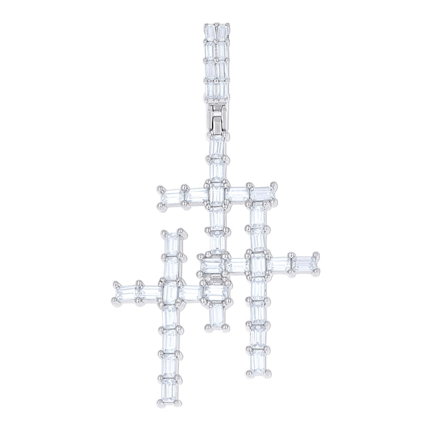 925 Sterling Silver Mens Baguette 2.04ct Moissanite Triple Cross Religious Charm Pendant 